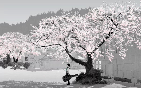 An anime girl with short black hair stands under a sakura blossom tree holding a guitar. She wears a school uniform and a skirt. The background features a serene landscape in HD, making it a captivating wallpaper.