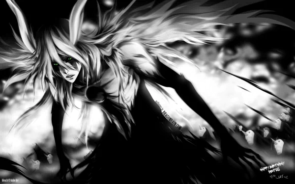 A high-definition wallpaper featuring Ulquiorra Cifer from the anime Bleach, depicted in black and white with intense detail and dynamic energy.