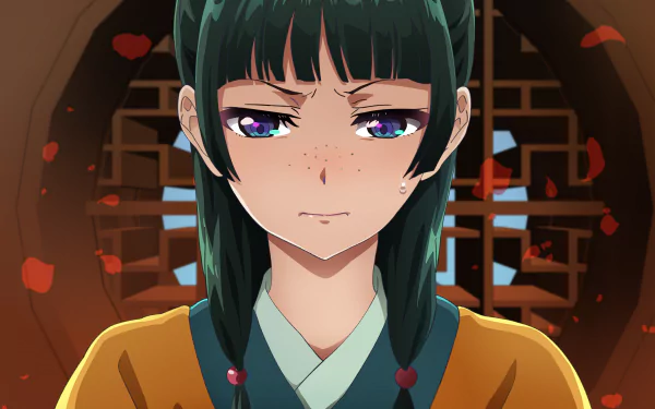 Anime-style 4K Ultra HD wallpaper featuring Maomao from The Apothecary Diaries with a serious expression against a traditional interior background.