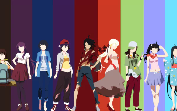 HD desktop wallpaper featuring characters from the anime series Monogatari, including Tsukihi Araragi, Karen Araragi, Izuko Gaen, Kiss-shot, Koyomi Araragi, Suruga Kanbaru, Tsubasa Hanekawa, Hitagi Senjōgahara, Mayoi Hachikuji.