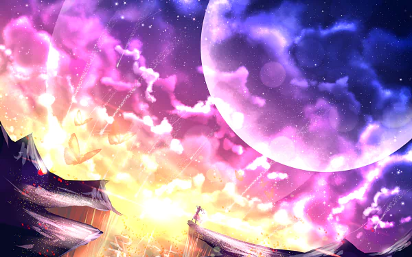 A vibrant anime landscape featuring a butterfly in front of a mountain, under a glowing moon and mystical sky, designed as an HD desktop wallpaper and background.