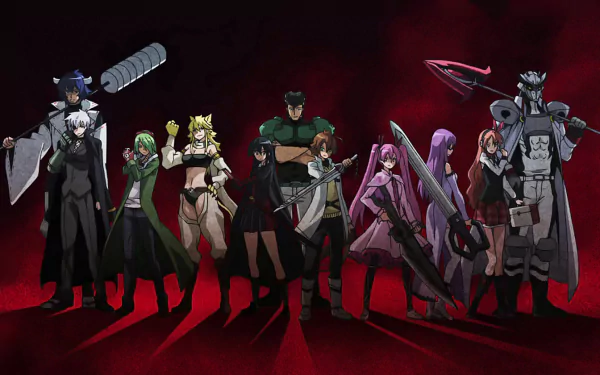 HD desktop wallpaper featuring characters Tatsumi, Susanoo, Sheele, Najenda, Mine, Lubbock, Leone, Chelsea, Bulat, and Akame from the anime Akame Ga Kill!, standing together against a dark red background.