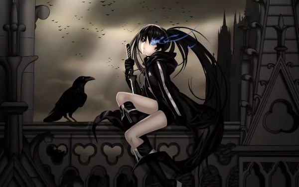 HD wallpaper depicting an anime character, Black Rock Shooter, with blue eyes sitting on a gothic balcony next to a raven, against a dark, moody background with a castle and a flock of birds.