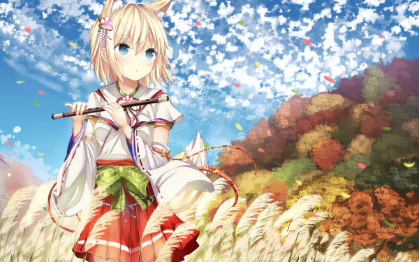 Anime-inspired HD wallpaper featuring a character with cat-like ears, holding a flute amidst a vibrant landscape of autumn colors and a beautiful sky. Original artwork for a lively background.