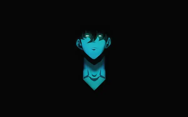 8K Ultra HD PC desktop wallpaper of Solo Leveling's Sung Jin‑Woo: cyan‑lit face and chest emerging from a black void in dark, minimalist anime style.