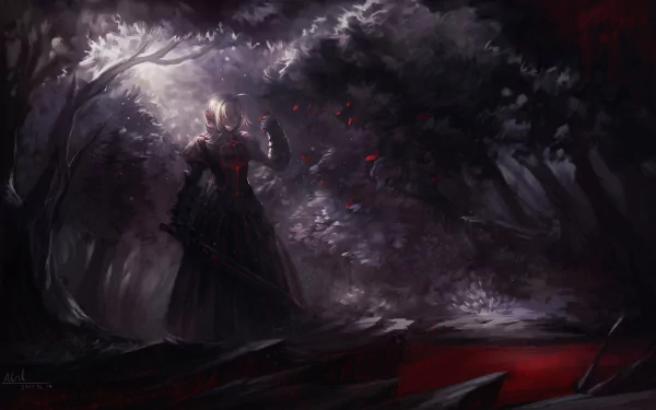 HD desktop wallpaper featuring Saber Alter from Fate/Stay Night. The blonde, short-haired warrior holds a sword in a dark, mystical forest. Her figure emerges from the shadows, creating a striking anime scene.