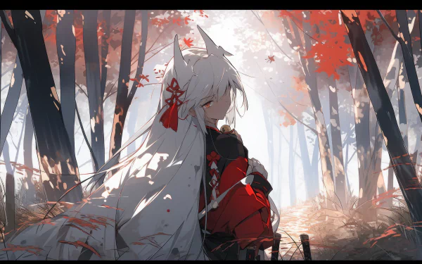 Anime-style original character with long white hair and fox ears stands in a sunlit forest. AI art rendered in 8K Ultra HD as a PC desktop wallpaper and background.
