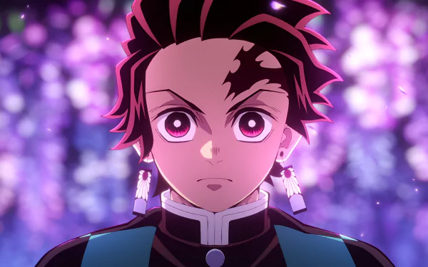 4K Ultra HD anime wallpaper featuring Tanjiro Kamado from Demon Slayer: Kimetsu no Yaiba with glowing purple background and intense expression.