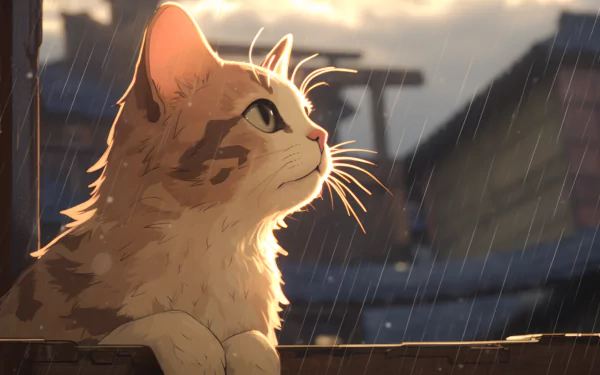 Anime-style HD wallpaper featuring a cat under a rain shower, gazing upward with a sunset backdrop.