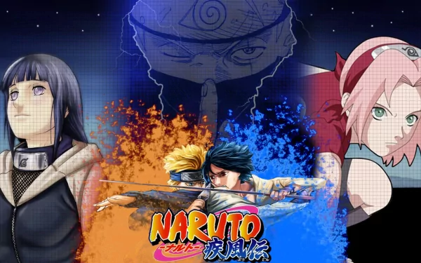 HD desktop wallpaper featuring characters from Naruto: Hinata Hyuga, Sasuke Uchiha, Sakura Haruno, Kakashi Hatake, and Naruto Uzumaki. The image showcases the Sharingan and vibrant colors with the Naruto logo.