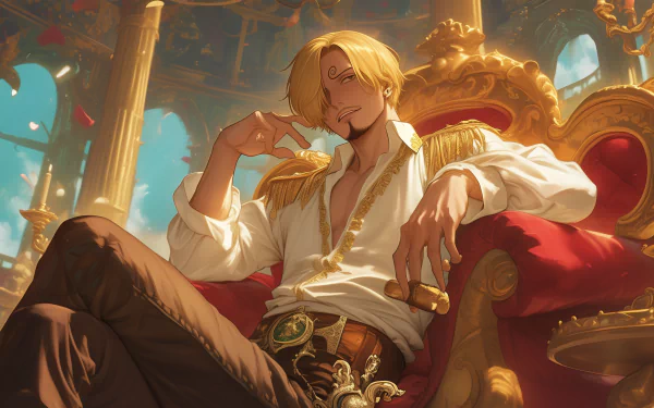 HD Anime Wallpaper featuring Sanji from One Piece, posing regally on a throne for a desktop background.