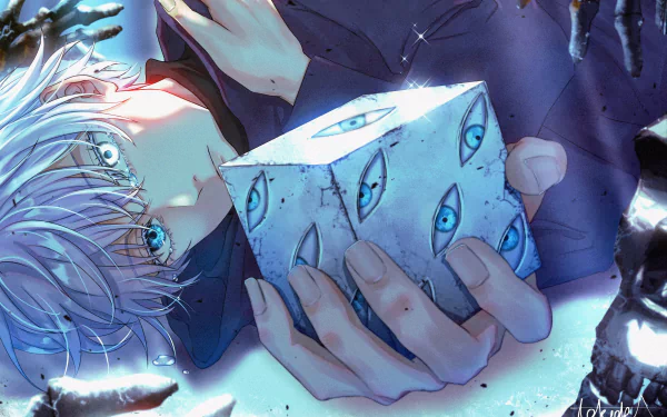 HD PC desktop wallpaper featuring Satoru Gojo from the anime Jujutsu Kaisen, showcasing his distinctive white hair, blindfold, and a cube with eye patterns in a dynamic close-up.
