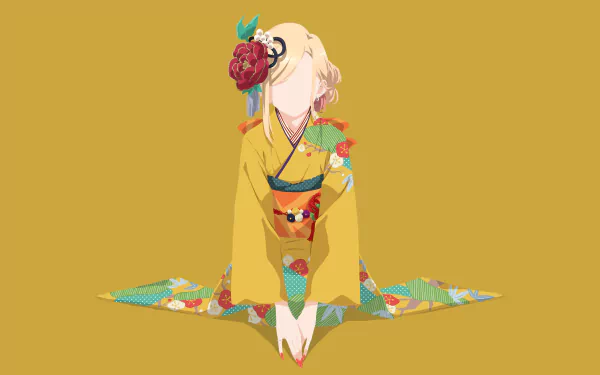 Anime-style 4K Ultra HD wallpaper of Marin Kitagawa from My Dress-Up Darling wearing a colorful traditional kimono, set against a solid mustard yellow background.