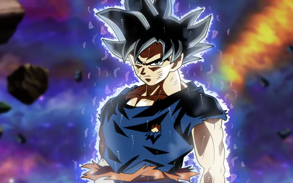 HD desktop wallpaper featuring Ultra Instinct Goku from Dragon Ball Super, surrounded by an aura of energy, with a cosmic background.