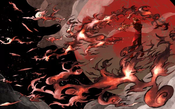HD desktop wallpaper featuring Sukuna from the anime Jujutsu Kaisen, showcasing intense fiery and dark elements, creating a dynamic and captivating background.