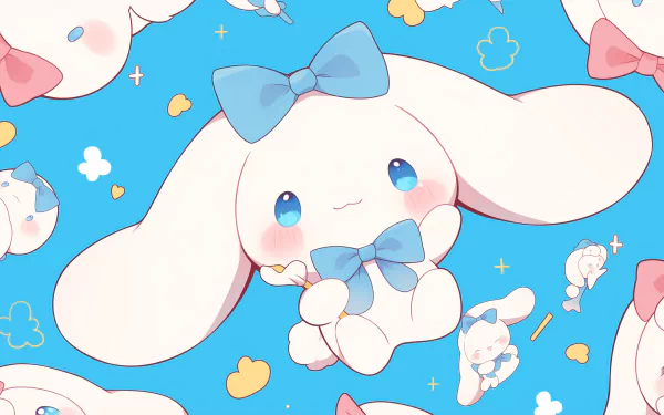 HD Anime-style Cinnamoroll wallpaper featuring the adorable Sanrio character in a pattern of cute poses on a blue background with kawaii cloud accents.