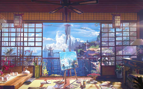 An anime-style room with an easel by a large window, overlooking a vibrant cityscape and ocean. The room is filled with art supplies and natural light, creating a serene atmosphere. HD desktop wallpaper.
