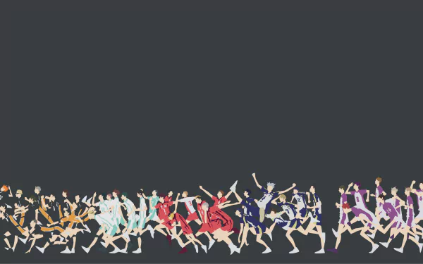 HD desktop wallpaper of various characters from the anime Haikyū!!, depicted in colorful uniforms, running energetically against a dark, minimalist background.