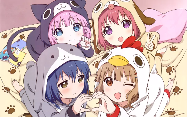 Four anime characters from YuruYuri, Chinatsu Yoshikawa, Sakurako Ōmuro, Akari Akaza, and Himawari Furutani, are playfully posed in cute animal-themed pajamas, creating a cozy, colorful scene.