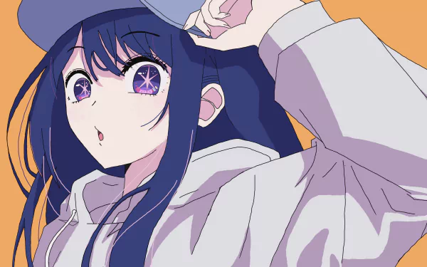 4K Ultra HD anime wallpaper featuring Ai Hoshino from Oshi no Ko with striking purple eyes and dark blue hair, set against a simple orange background.