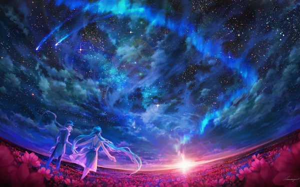 HD wallpaper from Douluo Dalu featuring two characters with long, blue hair under a vibrant sky with clouds and a blooming flower landscape at sunset.