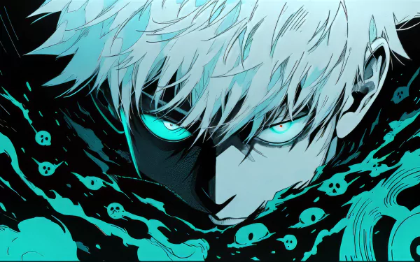 HD desktop wallpaper of Satoru Gojo from Jujutsu Kaisen, featuring a striking close-up with glowing blue eyes and a dynamic black and cyan background adorned with skulls.