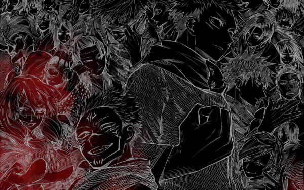 HD desktop wallpaper featuring stylized monochrome art of Jujutsu Kaisen characters including Yuji Itadori, Satoru Gojo, and others.