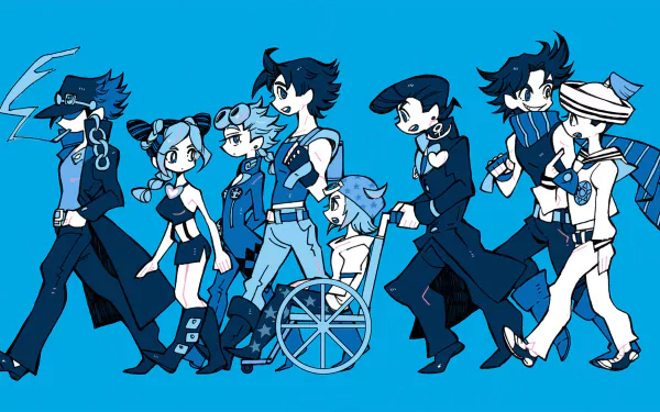Anime-style HD PC desktop wallpaper featuring characters from Jojo's Bizarre Adventure lined up against a bright blue background.