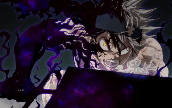 HD wallpaper featuring Asta from the anime Black Clover, depicted with intense colors and dramatic lighting, showcasing his fierce expression and dark aura.