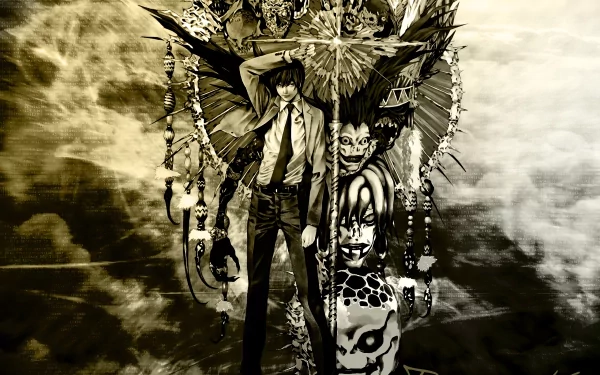 HD desktop wallpaper featuring an anime scene from Death Note, showcasing an intense character with a complex background and dark, atmospheric tones.