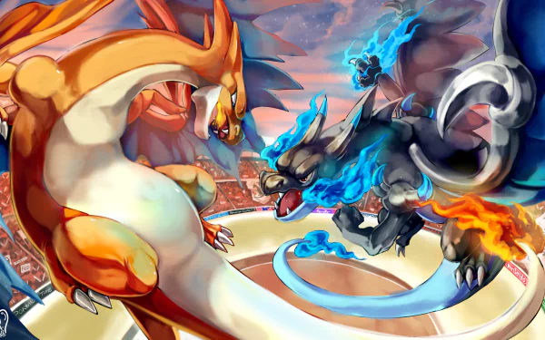 HD desktop wallpaper featuring Mega Charizard X and Mega Charizard Y in a fierce battle, with Charizard in the background. The scene captures the dynamic and intense moment from the Pokémon anime series.