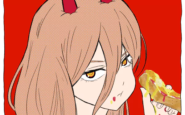 4K Ultra HD anime wallpaper featuring Power from Chainsaw Man, set against a bold red background, highlighting her distinctive horns and intense gaze.