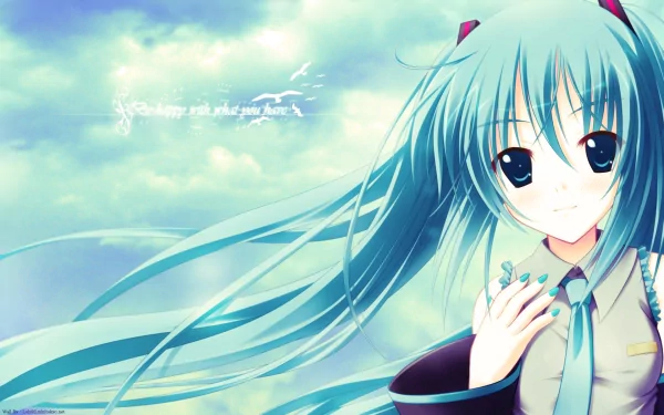 HD desktop wallpaper featuring Hatsune Miku, an anime Vocaloid character, with long turquoise hair flowing and a serene sky background.