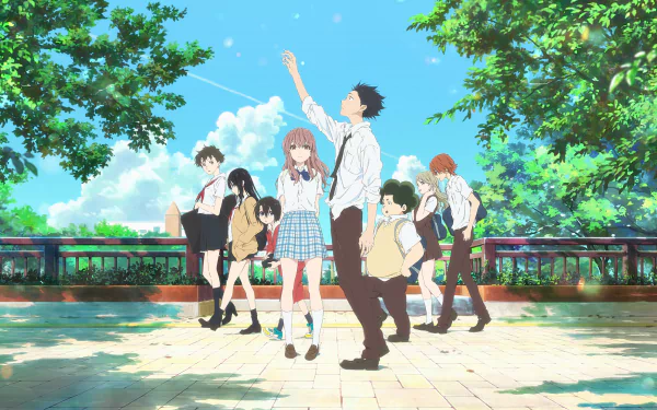 HD desktop wallpaper featuring anime characters Naoka Ueno, Miyoko Sahara, Yuzuru Nishimiya, Tomohiro Nagatsuka, Satoshi Mashiba, Miki Kawai, Shouya Ishida, and Shouko Nishimiya from A Silent Voice.