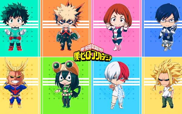 Chibi versions of My Hero Academia characters: Izuku Midoriya, Katsuki Bakugou, Ochaco Uraraka, Tenya Iida, Shoto Todoroki, Tsuyu Asui, Toshinori Yagi, and All Might against colorful backgrounds.