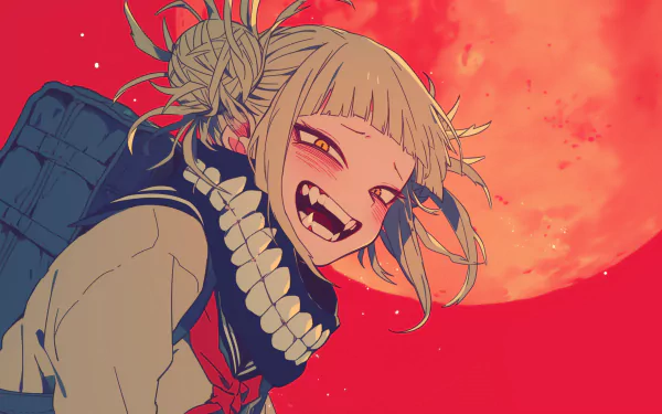 HD desktop wallpaper featuring Himiko Toga from My Hero Academia with a vibrant red background.