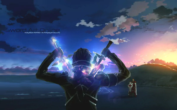 HD desktop wallpaper featuring Kirito from Sword Art Online holding two glowing swords against a stunning sunrise. In the background, Kayaba Akihiko stands under a colorful sky.