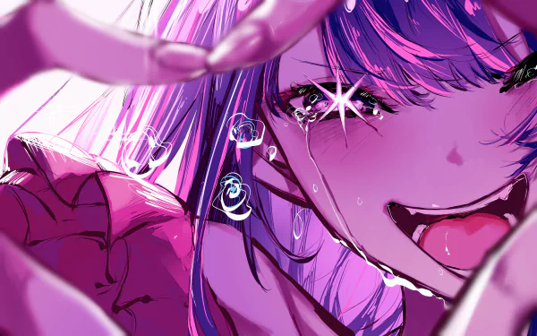 4K Ultra HD anime wallpaper featuring Ai Hoshino from Oshi no Ko, capturing her vibrant expression with detailed eyes and colorful lighting.