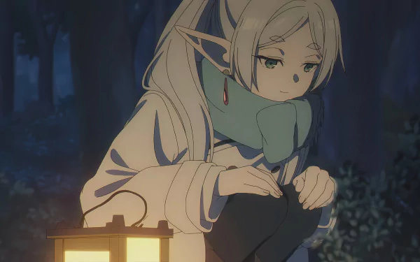 HD desktop wallpaper featuring Frieren from Frieren: Beyond Journey's End, an anime. Frieren is shown in a serene forest setting, crouching next to a glowing lantern, exuding a calm and reflective mood.
