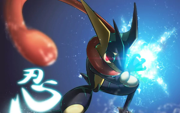 HD desktop wallpaper featuring Greninja, a Pokémon from the anime series, striking a dynamic pose with a glowing water-based attack against a dark, starry background.