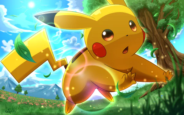 HD anime-style wallpaper featuring Pikachu from Pokémon joyfully leaping through a vibrant, sunlit meadow with lush trees and clear blue skies.
