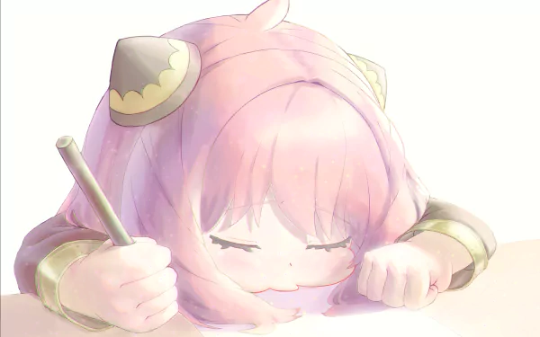 Anya Forger from Spy x Family with pink hair resting her head on a desk, captured in a soft, detailed anime style 4K Ultra HD desktop wallpaper.