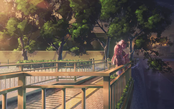 HD wallpaper featuring Shouya Ishida and Shouko Nishimiya from the anime A Silent Voice, standing together on a peaceful bridge surrounded by lush trees and gentle evening light.