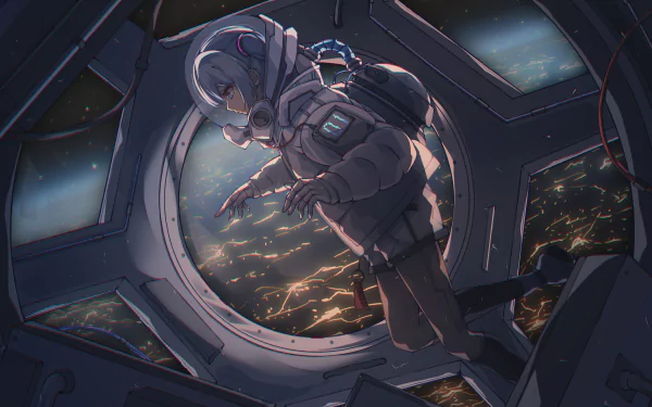 This HD desktop wallpaper features Hatsune Miku in an astronaut suit, floating inside a space station with Earth visible through a large window.