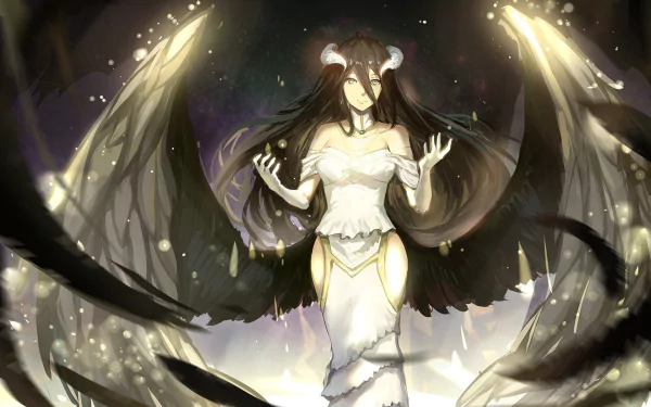 HD desktop wallpaper featuring Albedo from the anime Overlord, beautifully illustrated with her black wings and white dress, set against a mystical background.