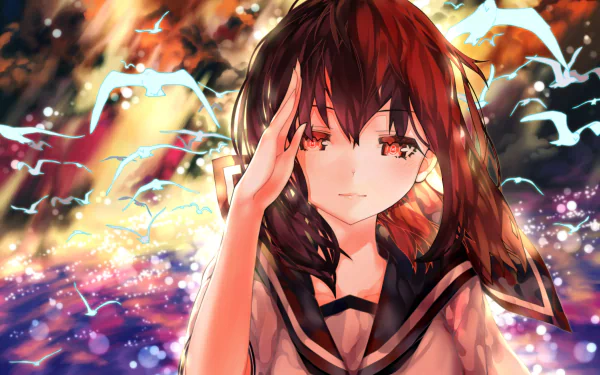 HD desktop wallpaper of Fubuki from Kantai Collection, featuring a character with black hair and red eyes in a school uniform, surrounded by ethereal birds in a vibrant, abstract background.