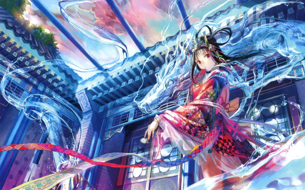 A vibrant HD anime wallpaper featuring a character in a flowing dress, surrounded by ethereal, swirling blue elements, set against a richly detailed background.