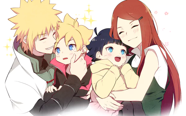 HD desktop wallpaper featuring Naruto Uzumaki, Himawari Uzumaki, Minato Namikaze, and Kushina Uzumaki from the anime Naruto, depicting a cheerful family moment.