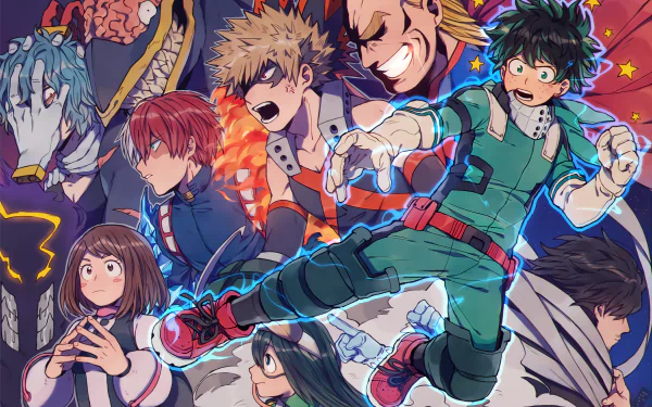 HD desktop wallpaper featuring characters from My Hero Academia, including Tooru Hagakure, Noumu, Tomura Shigaraki, Shoto Todoroki, Shouta Aizawa, Ochaco Uraraka, Tsuyu Asui, Katsuki Bakugou, All Might, and Izuku Midoriya.