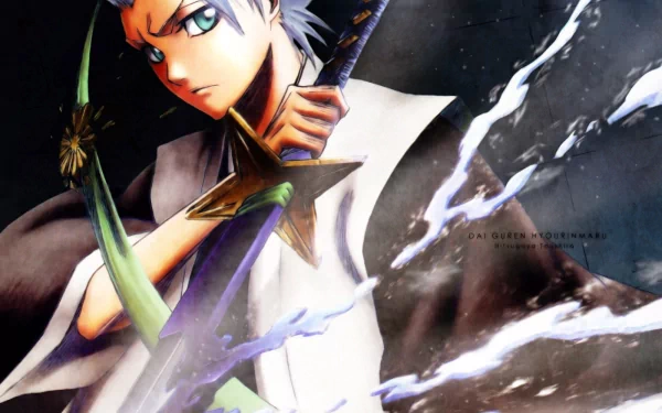 HD desktop wallpaper featuring Tōshirō Hitsugaya from the anime Bleach. The image showcases Hitsugaya with his sword, surrounded by an icy aura.